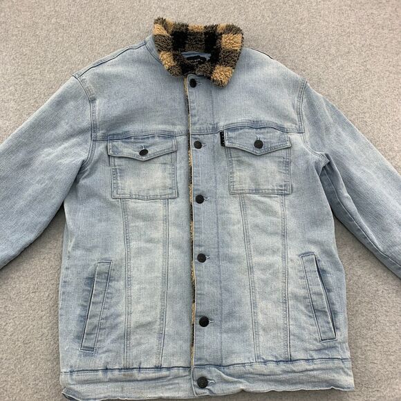 Saint Morta Denim Trucker Jacket Mens Large Tartan Plaid Sherpa Lined Fade Jean - Picture 1 of 16